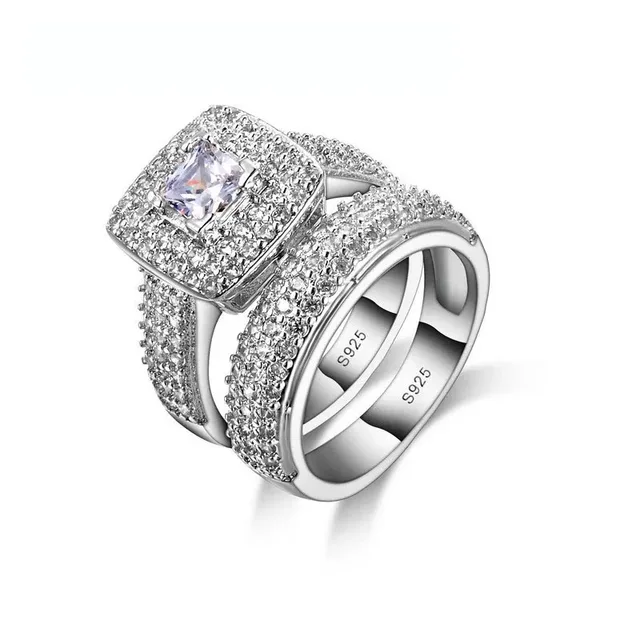 Bague de fiançailles couleur argent Sterling 925, bijoux romantiques à la mode, ensemble de lunette en Zircon cubique, décoration pour femmes et filles, vente en gros 1