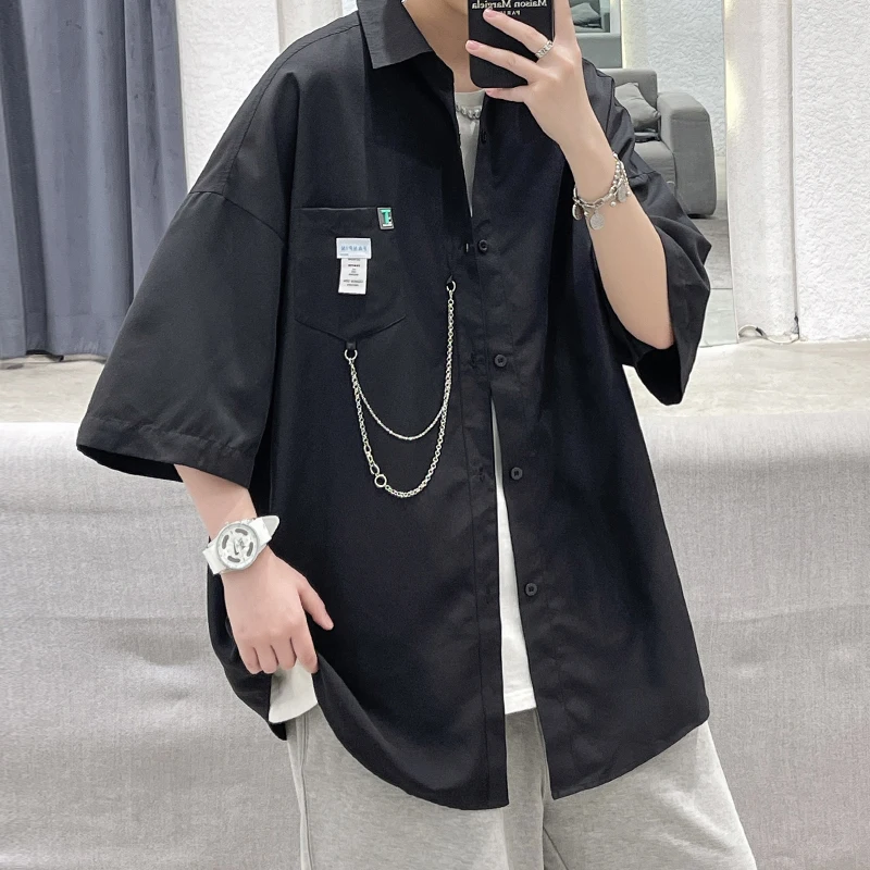 

EOENKKY/Oversized Shirt For Men Streetwear Short Sleeve Harajuku Chain Fashion Brand Men's Shirts Solid Color Male Blouses M-5XL