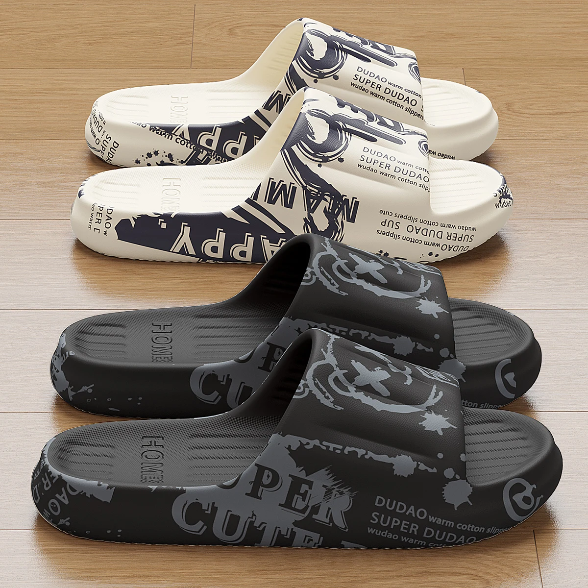 Summer Plus Size 48-49 Graffiti Bear Print Men Slippers Home Flip Flops Thick Couple Women Beach Shoes Sandals