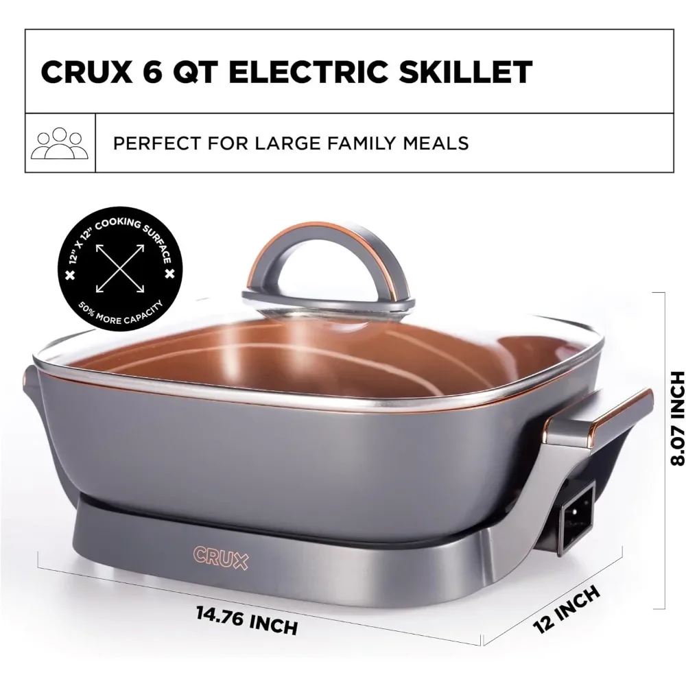 Electric Skillet with Glass Lid,Nonstick Scratch Resistant Ceramic Pan,Extra Deep with Removable Temperature Probe,12"x12",1400W 2