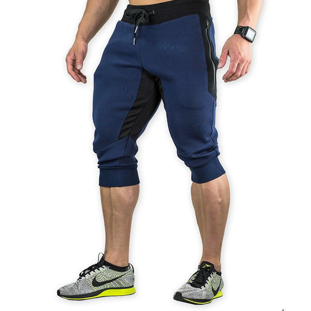 

Men's Cotton Sporting Running Shorts Bodybuilding Cropped Trousers Fitness Short pants Jogger Gym Vintage Navy Blue Male Shorts