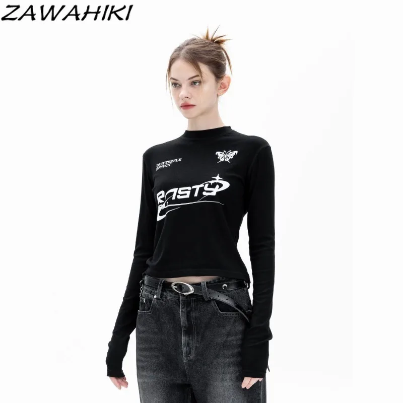 

T Shirts for Women Spring Summer American Retro Casual High Waist Long Sleeve Letter Print Y2K Fashion All Match Crop Tops Mujer