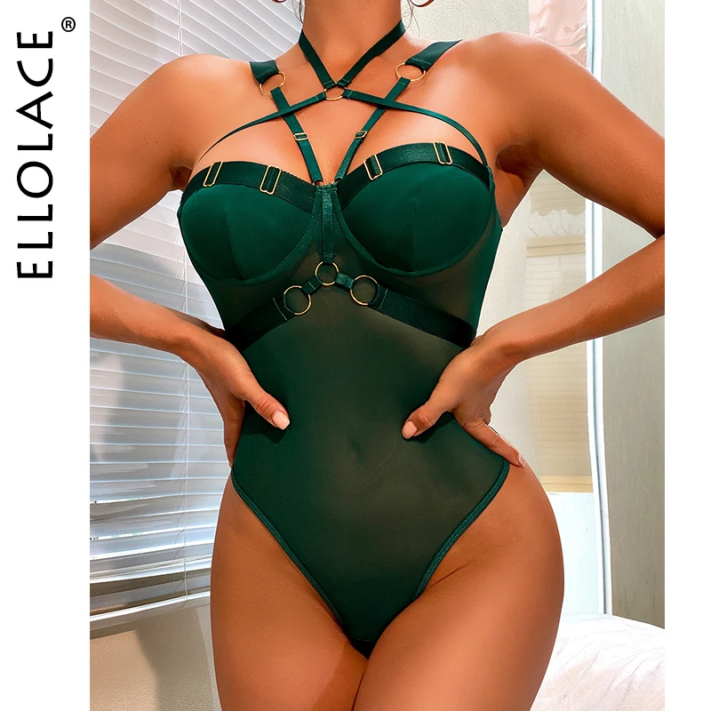 Ellolace şehvetli iç çamaşırı Bodysuit Halter Fiess egzotik kostümleri dantel Backless erotik tayt seksi Thongs vücut_voghion.com