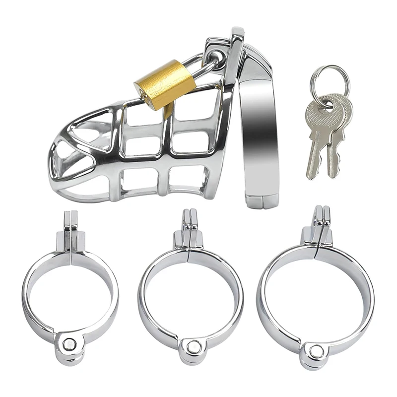 Adjustable Male Chastity Cage Metal Penis Lock, Anti-Cheating Device with 3 Cock Rings & Urethral Plug BDSM Restriction Toys