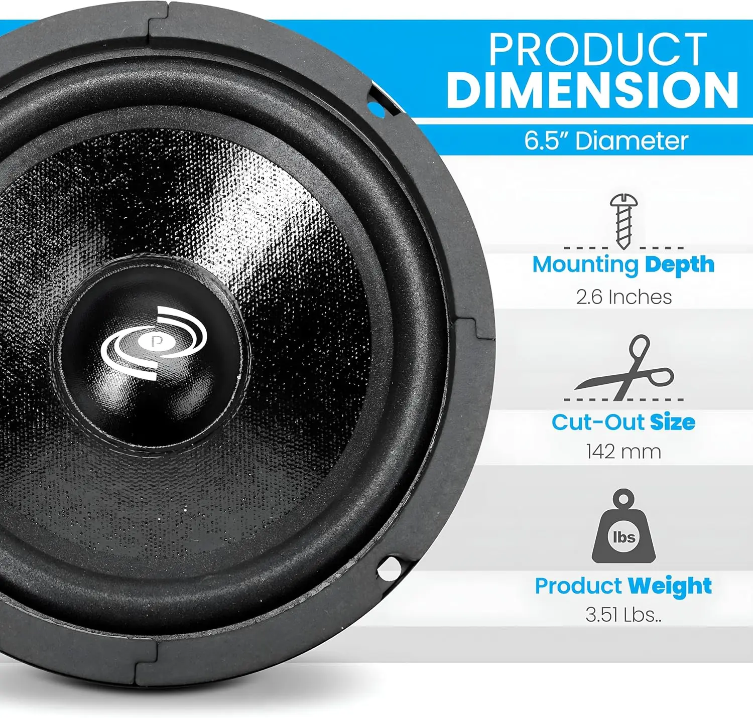 6.5' Car Audio Midrange Speaker, 300W, 8Ohm, 93dB, Paper Cone, 1' KAPTON Voice Coil