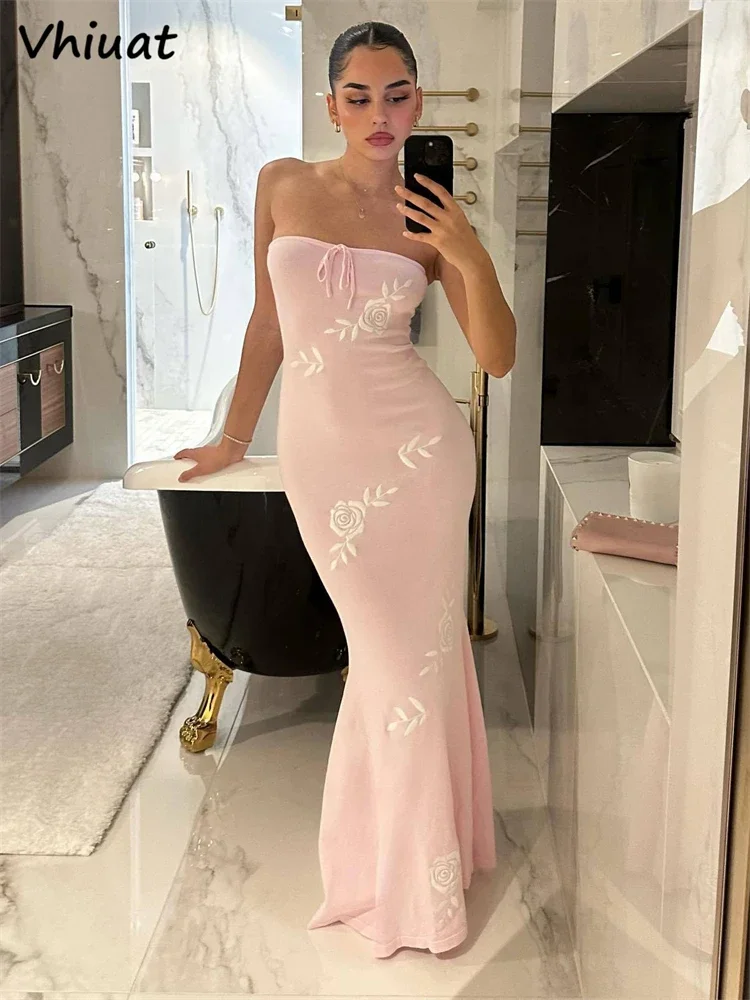 

Vhiuat Print Floral Women Elegant Knitted Long Bodycon Dresses Beach Party Evening Off Shoulder Strapless Wrap Dress Summer 2024