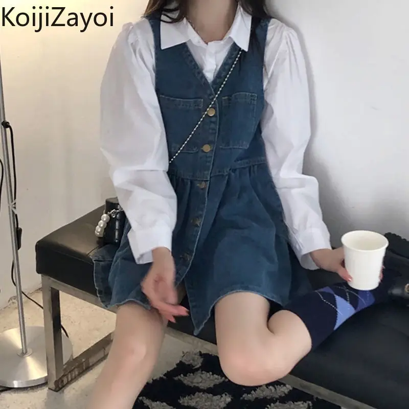 

Koijizayoi Vintage Sleeveless Denim Blue Dress And Casual Long Sleeve White Shirt Sets Women 2 Piece Outfits 2022 Spring Suits