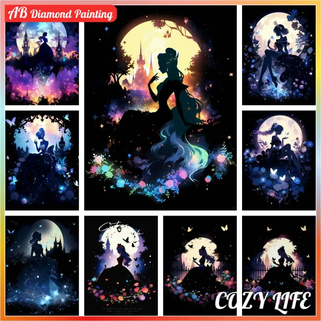 

Aesthetic Princess Silhouette Canvas Square Pictures Kit Art Diamond Painting Stitch Mosaic Ab 5d New 2024 Handcraft Gift Novelt
