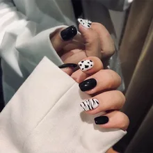 

Black Horse Pattern R170 Black and White Simple Short Nail Enhancement Piece Gentle Nail Patch Finished Product Wearable Nail