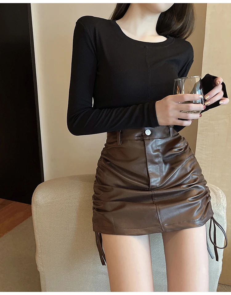 Lautaro Spring Black Sexy Stylish Chic Soft Faux Leather Mini Skirts for Women High Waist Drawstring Ruched Skirt Fashion 2022 skirt and top