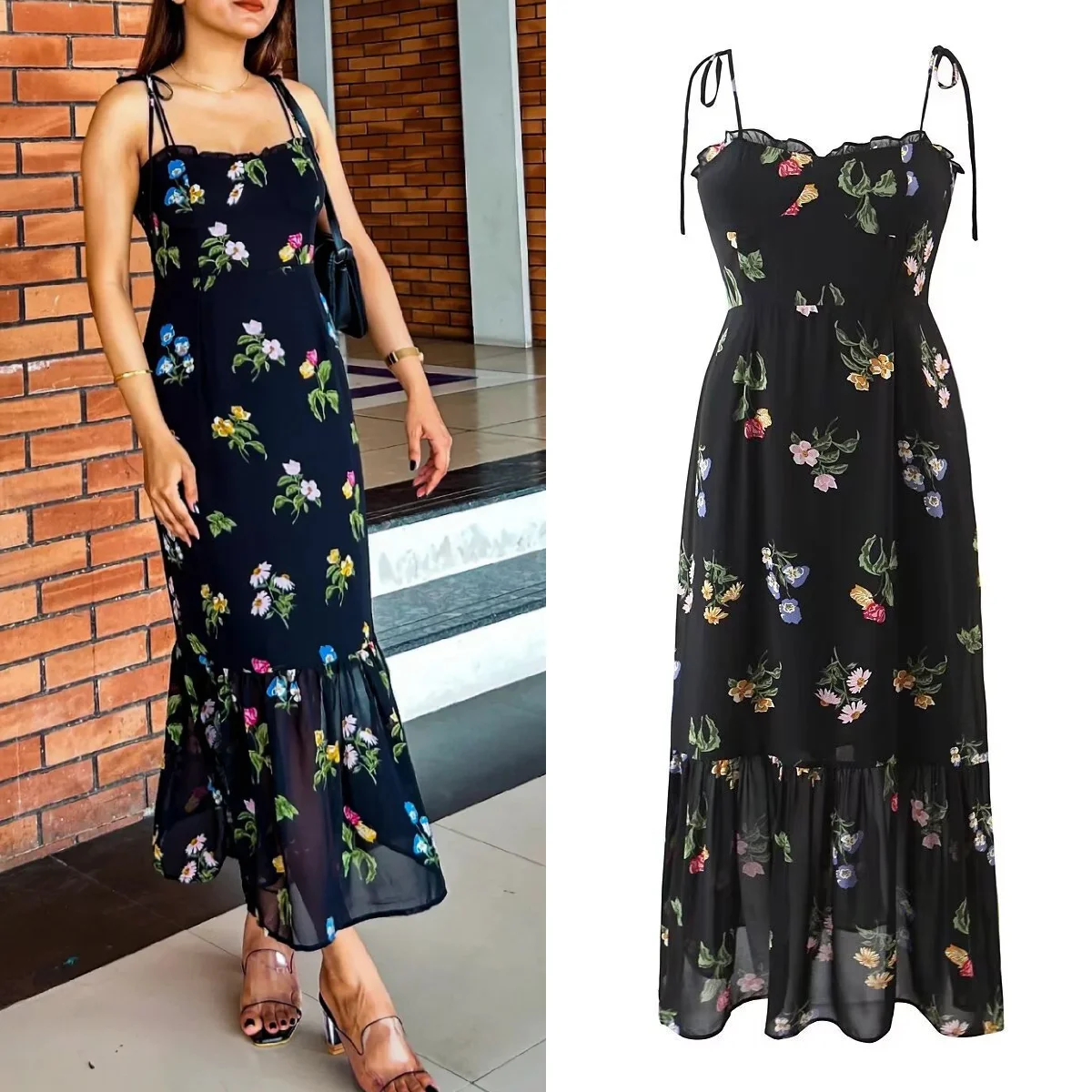 

TRAF printed suspender dress women's black floral dress sleeveless backless long dress beach vacation dress 2024 summer