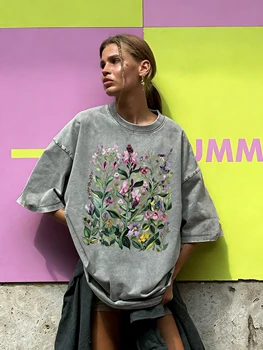 Having Different Beautiful Flowers Print Women Washed T Shirt Summer Loose T-Shirt Crewneck Cotton Clothes All-Match Streetwear 1
