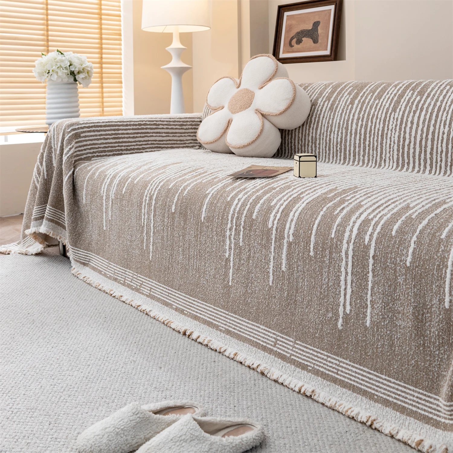 Fluffy Lines Stripes Jacquard Sofa Towel with Tassels, Double-side, for Living Room Camping Picnic Large Blanket Leisure Relax 6