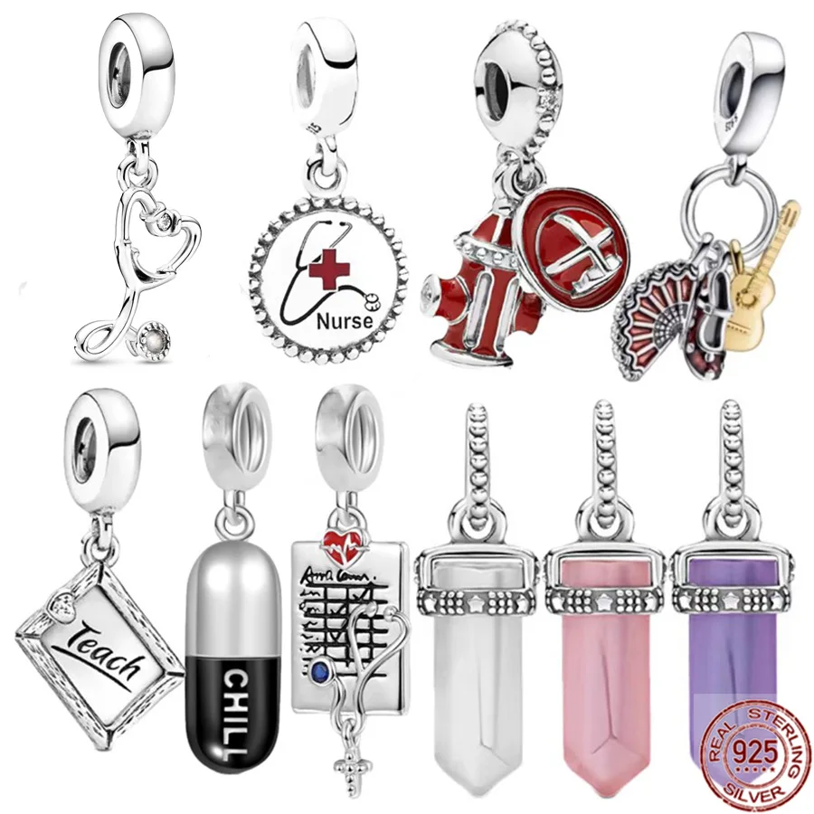   파인 925 스털링 실버 주얼리 선물, 진정 알약 및 혼합 에나멜 간호사, 매끈한 비즈, 맞춤 오리지널 판도라 팔찌 목걸이 
