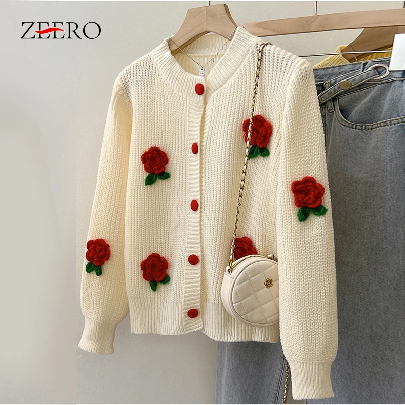 

Korean Fashion Autumn Women 3D Flower Loose Knitted Cardigan for Women Casual Sweet O Neck Top Cute Y2k Sweater Coats Knitwears