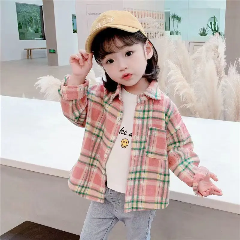 여아용 빈티지 격자 무늬 셔츠, 긴 소매 라펠 싱글 브레스트 가디건 베이스 티셔츠, 면 의류, 2-9 세 용수철 가을