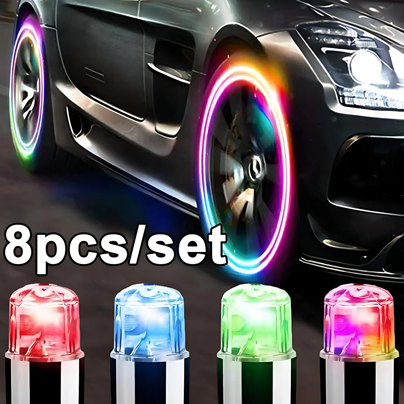2/8Pcs Colorful LED Wheel Lights Car Tire Valve Caps Neon Light