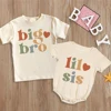Big Brother Little Sister Printed Shirt Retro Sibling Matching Clothes Kids Short Sleeve T-shirt Tops Baby Large Bubbles Romper 1