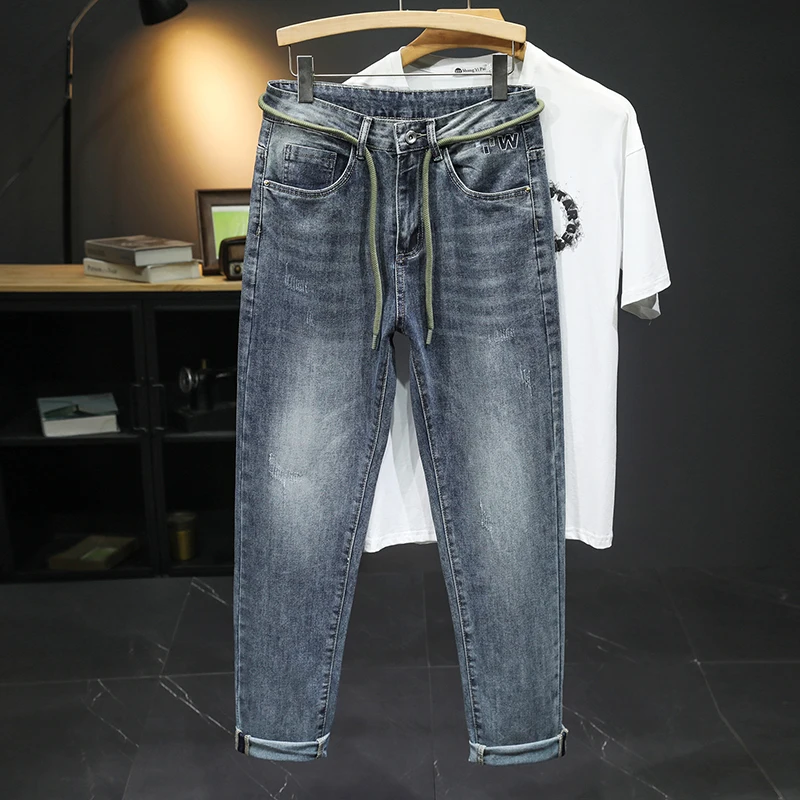 2024New Fashion Brand Jeans Men's Summer Thin Japanese Style Slim Fit Trendy Unique Waist Strap Matching Trousers