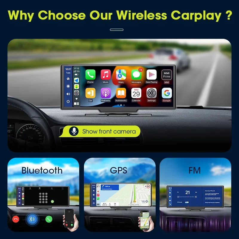 thumbnail image 2 of 10.26" Wireless Portable CarPlay Screen – Android Auto, 4K Dash Cam, 1080P Backup Camera, GPS, Touch Screen 2 of 10