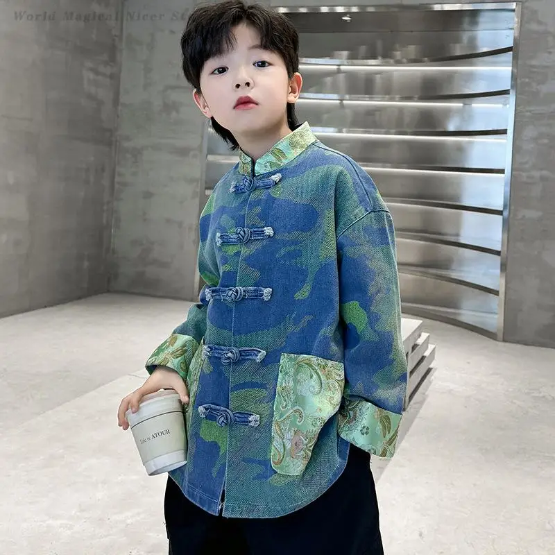 Boys' Hanfu Tang Costume Kids New Chinese Style Shirt Jacket Children's Traditional Coat Button Down Qipao Top Kong Fu Clothing