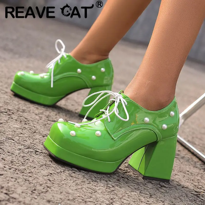 

REAVE CAT Female Pumps Square Toe Chunky High Heels 9.5cm Platform 2cm Lace Up Beads Plus Size 47 48 Fashion Daily Women Shoes