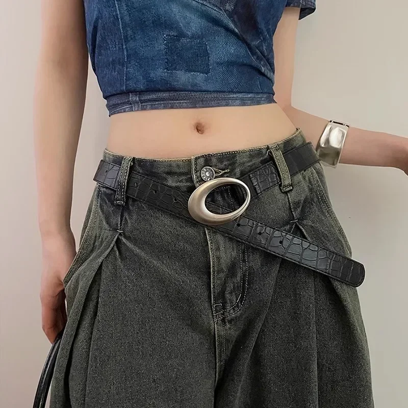 Vintage American Belt Crocodile Lines for Women Men Fashion Pu Leather Punk Metal Buckle Jeans Pants Advanced Red Waist Belts