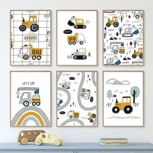 

Cartoon Tractor Crane Excavator Rainbow City Car Club Wall Art Print Canvas Painting Nordic Poster Wall Pictures Kids Room Decor