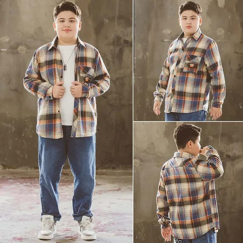 New Children's Plaid Shirt Korean-Style Trendy Long-Sleeve Autumn Lapel Round-Neck Top For Boys And Girls