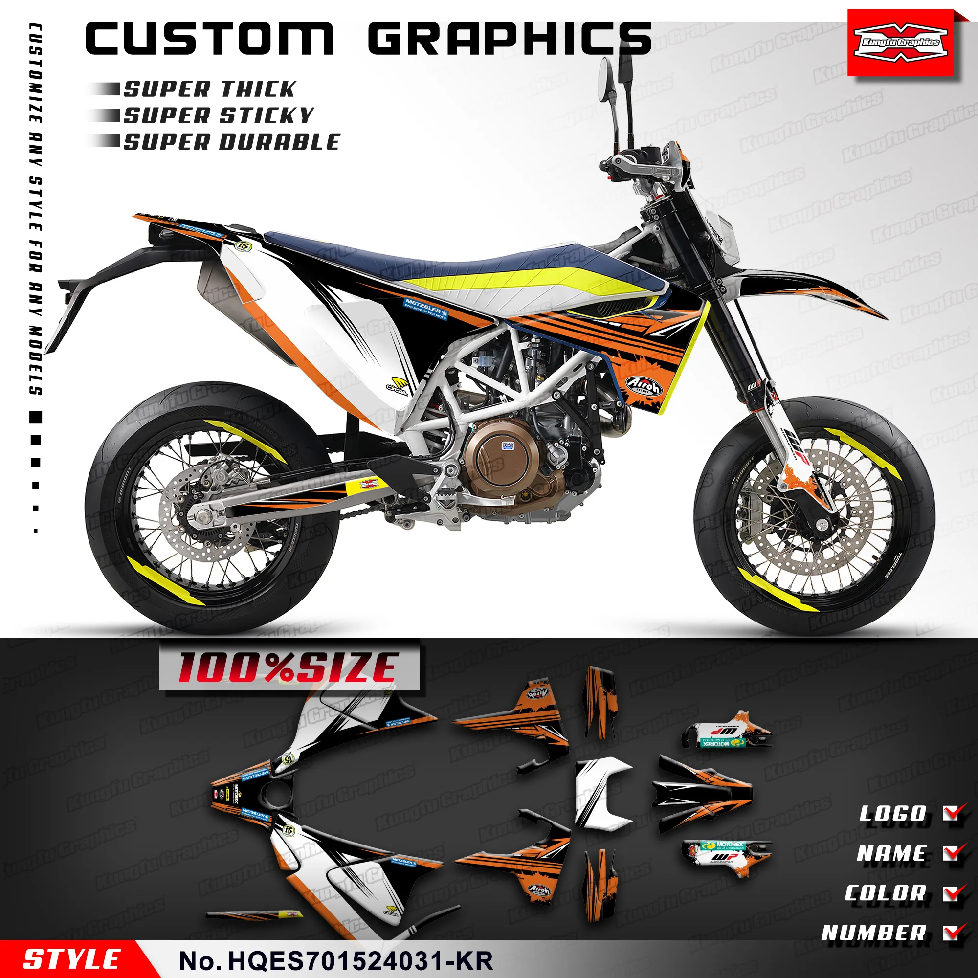 

KUNGFU графические Наклейки на заказ, комплект виниловой пленки для Husqvarna Enduro Supermoto 701 2015-2024, HQES701524031-KR