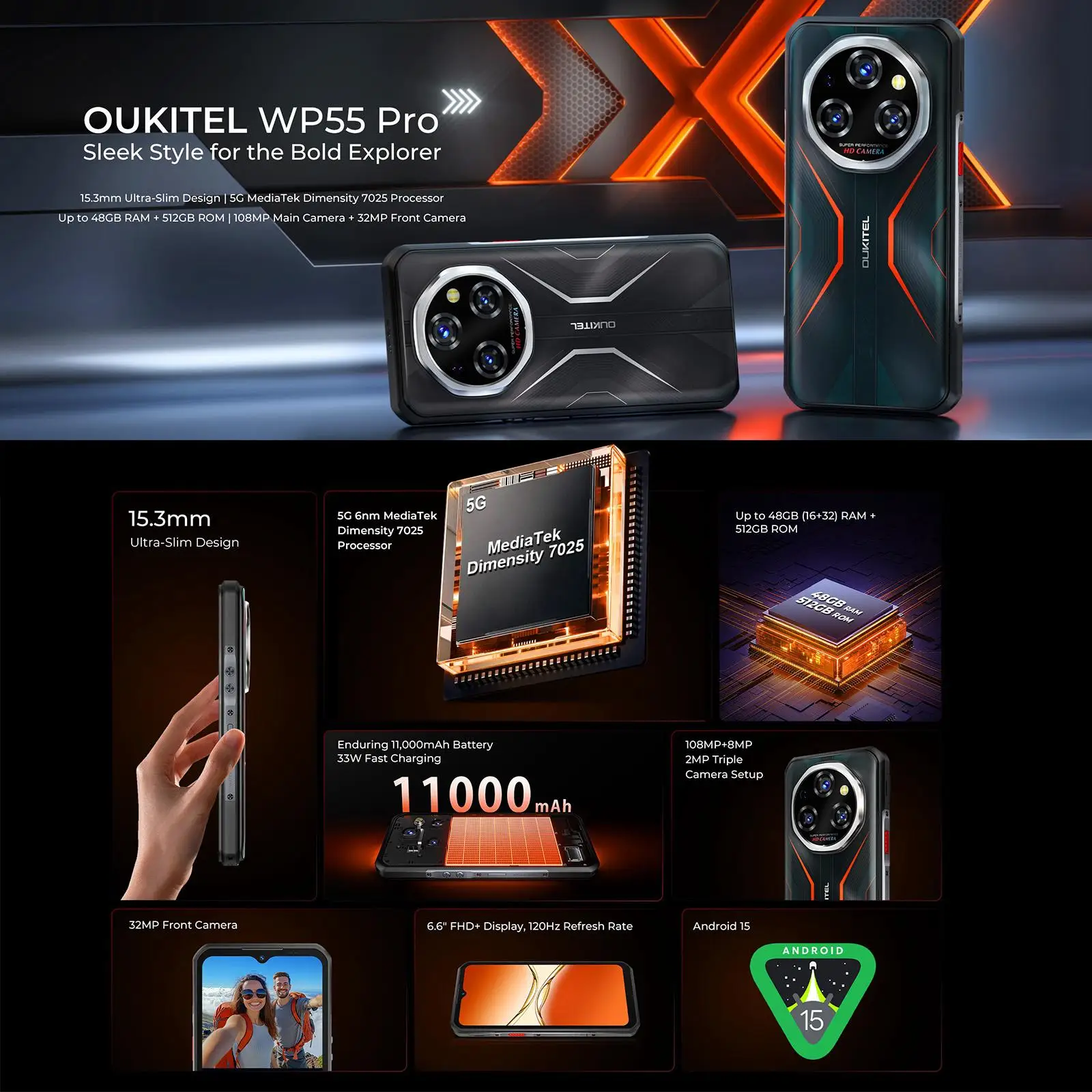 Oukitel WP55 Pro 5G Rugged Smartphone 11000mAh 33W 108MP Camera 16GB+512GB 6.6 inch FHD+ IPS Display 120Hz Android 15 NFC