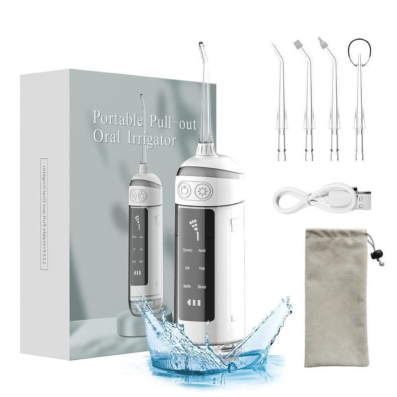 

Portable Pull-out Oral Irrigator Dental Water Flosser Rechargeable 6 Modes Water Jet 4 Tips for Teeth 180ML Tank IPX7 Waterproof