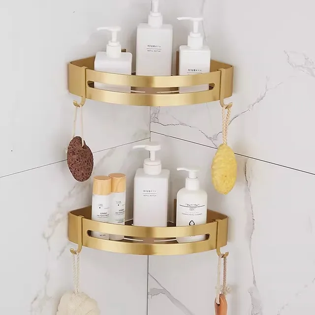 Tuqiu Brushed Gold ห้องน้ําชั้นวางติดผนังชั้นวางมุมอลูมิเนียมชั้นวางของอาบน้ําแชมพูผู้ถือชั้นวางมุม 6