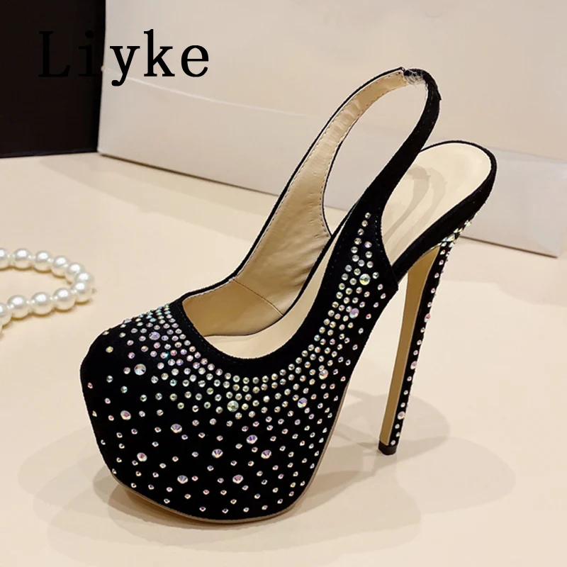 

Liyke Size 35-42 Crystal Rhinestone Silk Platform Pumps Sexy Shallow Round Toe Wedding Prom High Heels Slingback Shoes Women