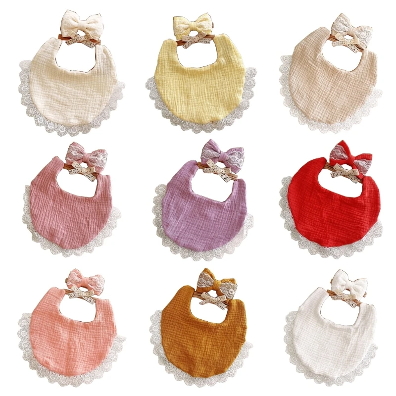 

Q81A 2pcs Baby Feeding Bib and Headband Set with Stylish Lace Design Adjustable Infant Neck Scarf Burp Cloth with Hairband