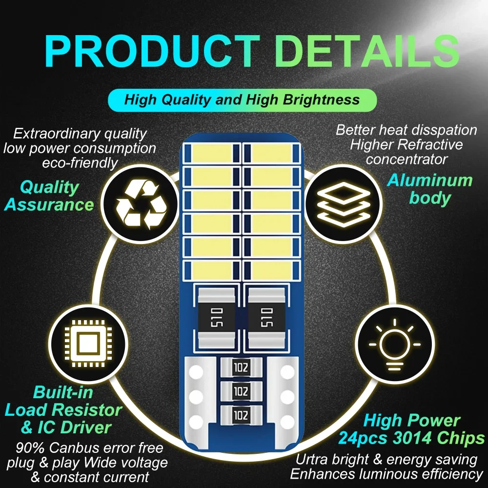 10pcs T10 LED ���� Canbus 5W5 �ڵ��� W5W LED ��ȣ�� 12V 6000K �ڵ� ���� ���̵� ���׸��� �� ���� ���� 4014 24SMD ȭ��Ʈ