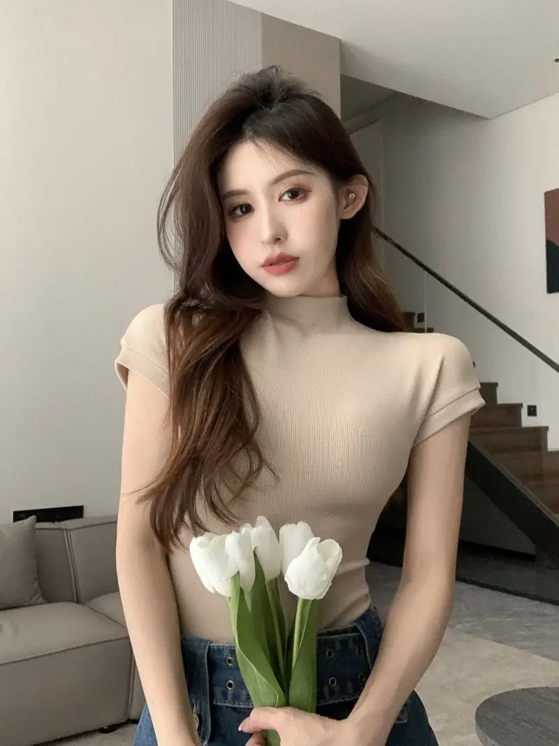 WTEMPO Női Rövid ujjú póló Fél garbó Nyári Trend All-match Top Sexy Slim T-shirt Egyszínű Y2k Top 2023469_voghion.com