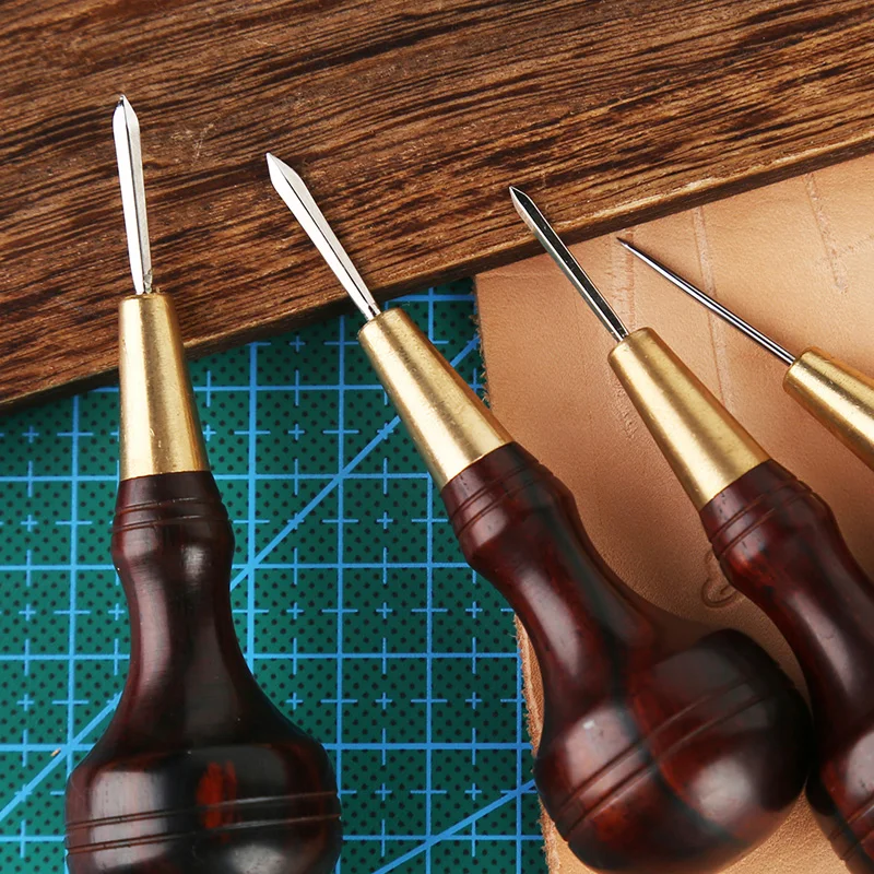 Sandalwood Handle Leather Stitching Awl DIY Handmade Leather Craft Tools Punching Tool Sewing Awl
