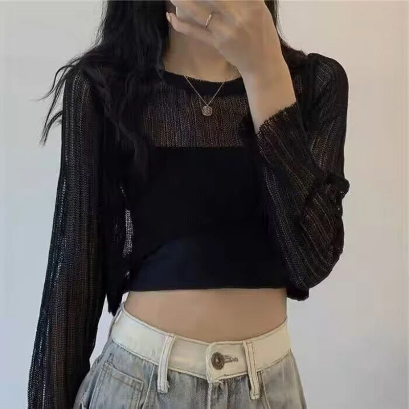 Summer Fashion Hollow Out Long Sleeve Women Pullover Crop Top Thin Casual Harajuku Punk Oversized T Shirt Black White Streetwear tossy sexy hollow out crop top for women long sleeve o neck t shirts slim basic pullover ladies bodycon streetwear y2k 2021 fall