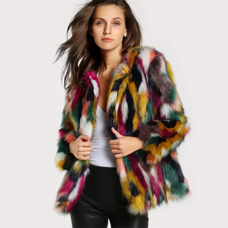 

Fashion Rainbow Multi-color Faux Fur Coat Long Hairy Shaggy Outwear Women Winter Long Jacket Coat Tops Fashion Clothes