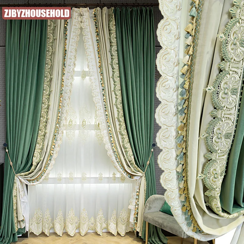 

High-end Luxury French Flannelette Curtains for Living Room Bedroom Thickened Blackout Bean Green Flat Ricevilla Customization