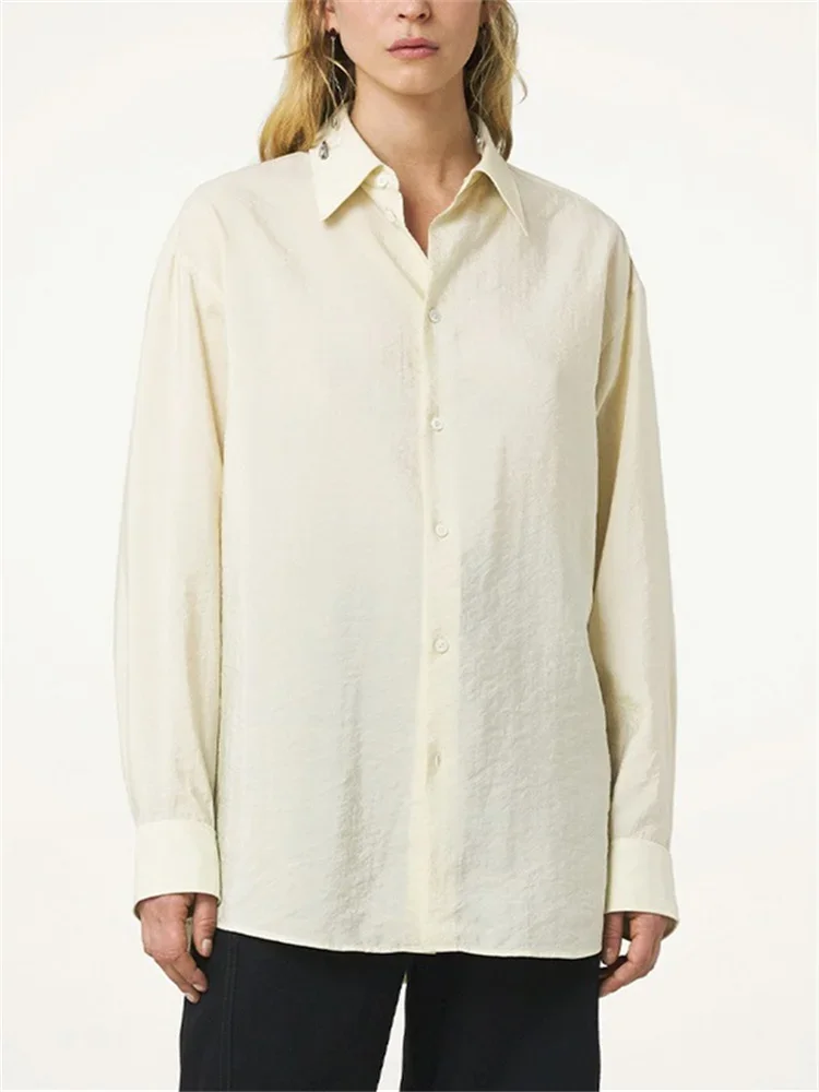 

Shirt for Ladies 2024 New Ribbon Turn-down Collar Single Breasted Silhouette Loose Vintage Long Sleeve Blouse