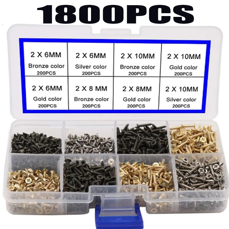 

1800pcs 2MM Small Screw Flat Head Cross Wood Screws Self Tapping Screw Dssortment Cabinet Multifunctional Screw Set