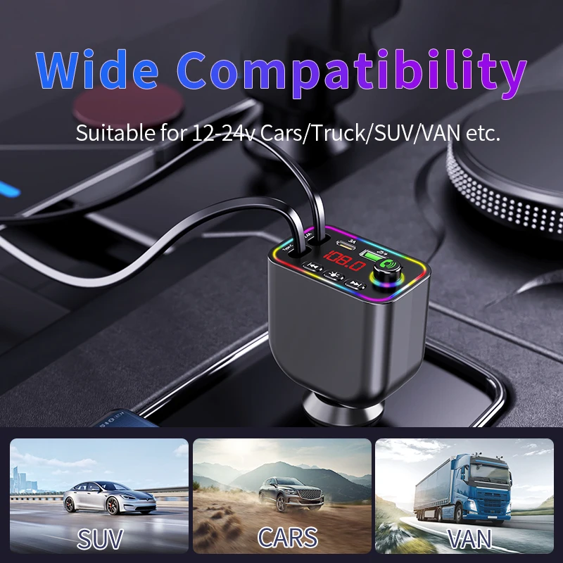 7-Colors Backlit Car MP3 Music Player Wireless Hands Free Call Car Fast Charger Retractable Cables car mp3 player For iPhone Samsung Huawei
