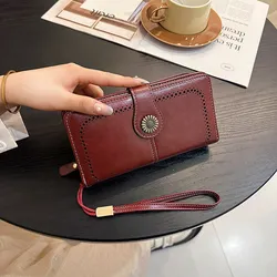 Vintage RFID Anti - Theft Large Capacity Women's Zipper Wallet with Wrist Strap (Red)
