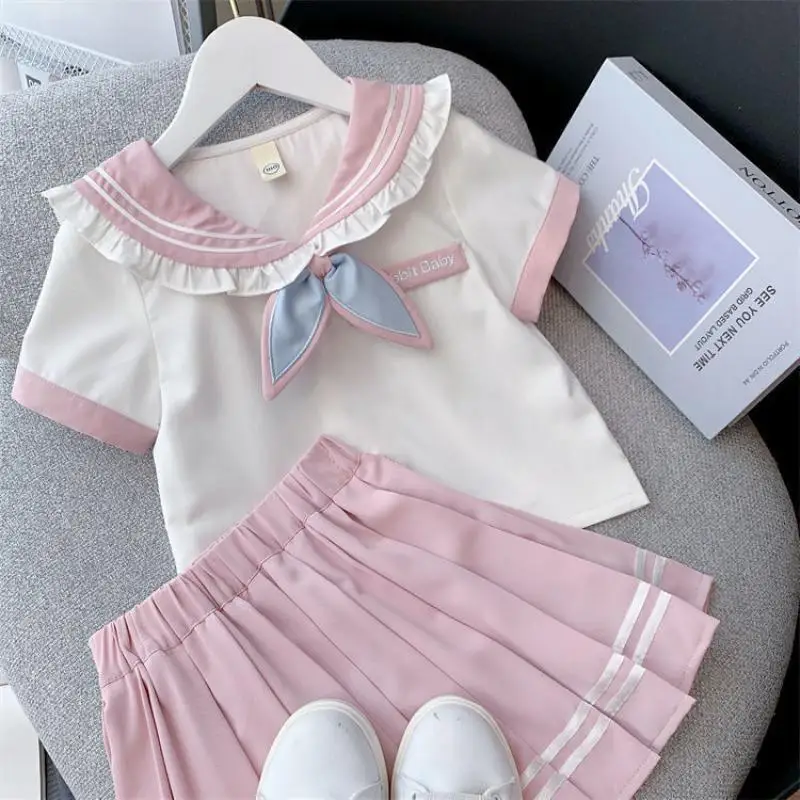 

2024 New Girls Pleated Skirt Princess Skirt T-Shirt Short Sleeve Two-Piece Set Cute Casual Loose Lapel Girls Clothing Gift