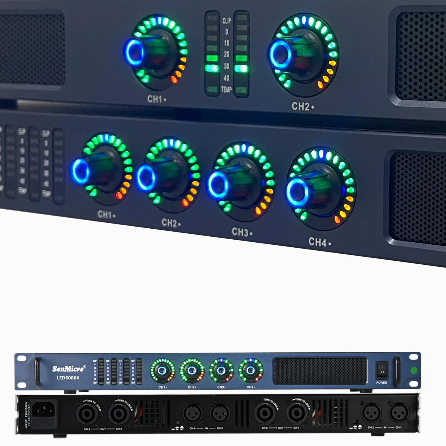 SenMicre LED600 4X600W 8Ohm 디지털 전력 증폭기 4 채널 전문 사운드 증폭기 DJ 서브우퍼 앰프 4X1200W 4Ohm 라인 어레이 스피커 프리앰프 가라오케 무대 성능 오디오 시스템