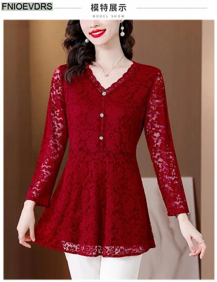 M-4XL 2023 Women Hot Sales Elegant Office Lady Work Button Black Lace Shirt Casual Belly A Line Tunic Peplum Tops And Blouses