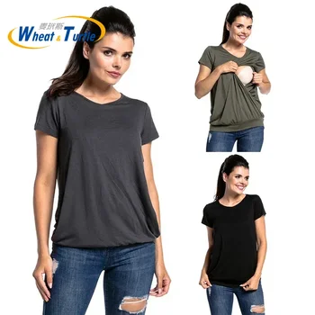 Women's Short Sleeve Pure Colour T-shirts Maternity Clothes Pregnant Blouse Nursing Tops Breastfeeding