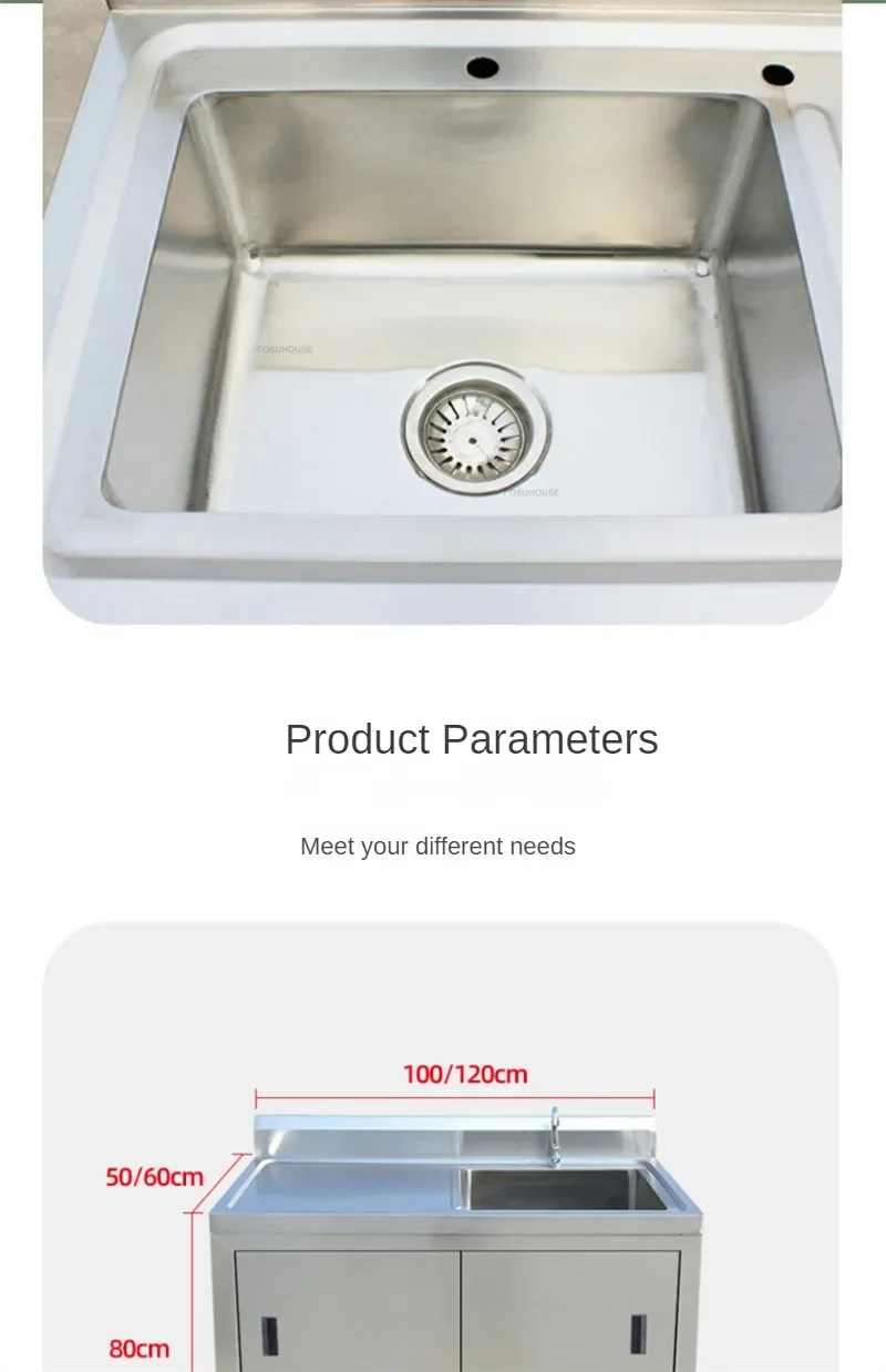 Description Picture 2 of itemCommercial Multi-functional Sinks Stainless Steel Moveable Door Kitchen Sinks Stove Cabinet with Sink Platform Vegetable Basin